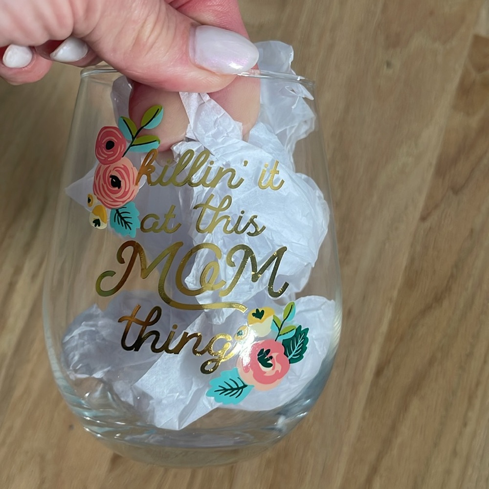 Stemless Decorated Novelty Wine Glass, "killing it at this MOM thing"